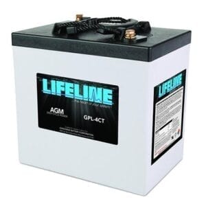 A lifeline battery is sitting on top of a table.