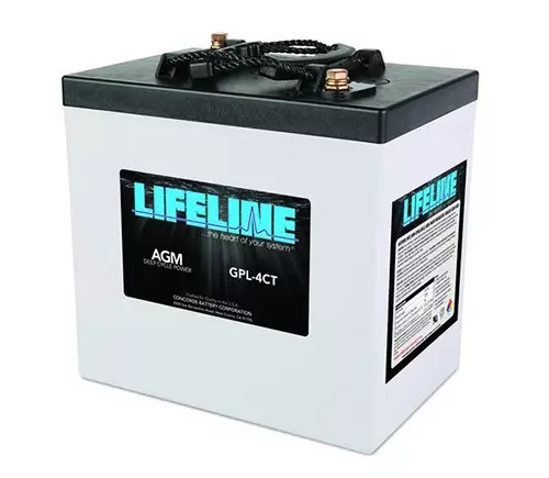 A lifeline battery is sitting on top of a table.
