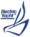 A blue and white logo of an electric yacht.