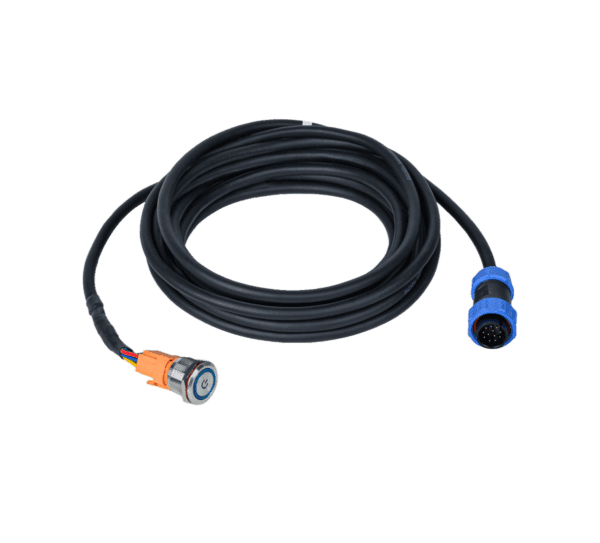 A black cable with an orange and blue plug.
