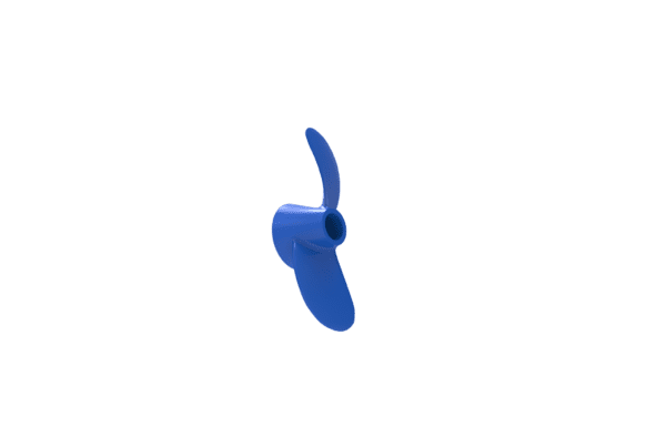 A blue propeller is flying in the air.