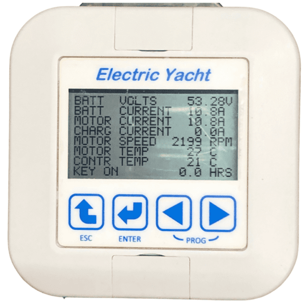 A white electronic yacht with blue buttons and a timer.