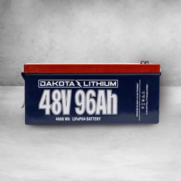 A blue and white box with the words " dakota lithium 4 8 v 9 6 ah."